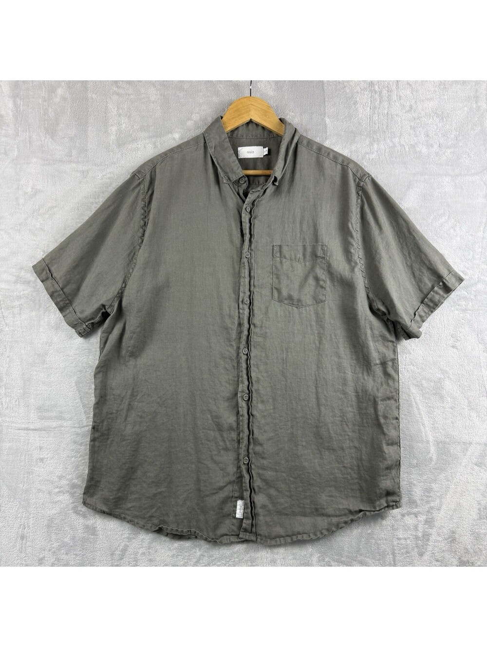 Onia 100% Linen Button Up Shirt Olive Short Sleeve Casual Men Large Resort Beach